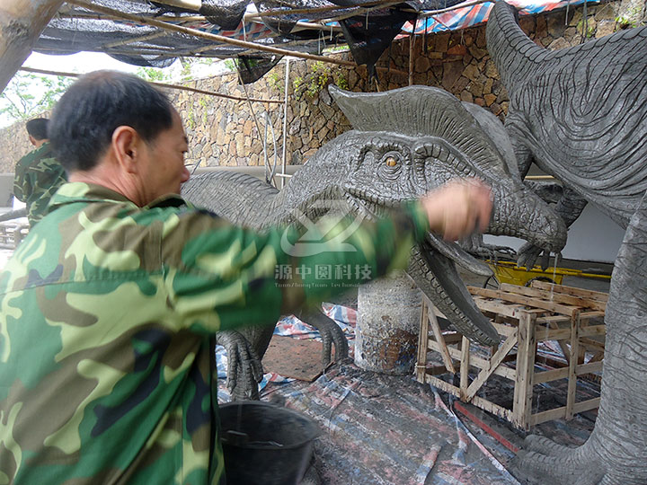 水泥雙冠龍雕塑，水泥恐龍雕塑